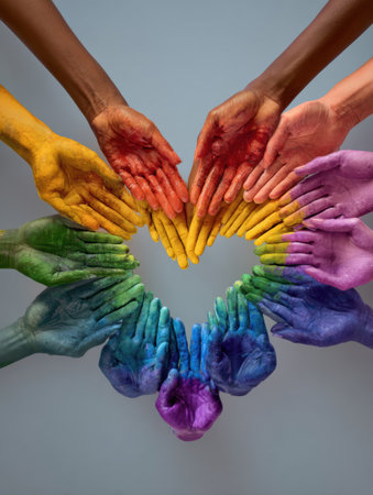 Hands of various skin tones painted in rainbow colors come together to form a heart shape, celebrating diversity and promoting inclusivity for pride.の素材