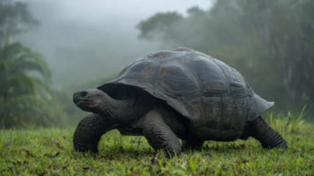 A Galapagos tortoise walks slowly across green grass, surrounded by a misty jungle backdrop that creates a serene atmosphere during a cloudy day.の素材