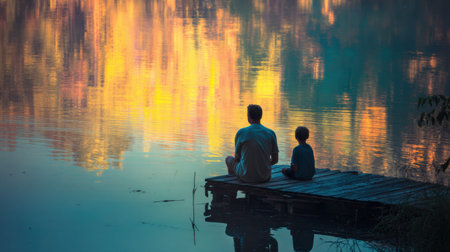A father and his teenage child sit quietly on a dock, absorbing the serene atmosphere and vibrant reflections of the sunset on the water.の素材