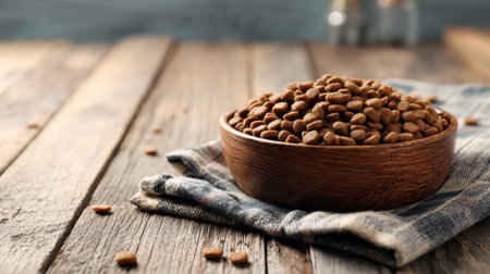 Bowl filled with dry dog food rests on a rustic kitchen table, surrounded by a clean and spacious background, inviting and ready for mealtime.の素材