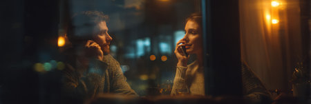 Two people engage in a heartfelt conversation over a long distance call, illuminated by warm lighting in a cozy evening setting.の素材