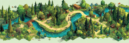 This vibrant forest trail map invites adventurers to discover winding paths, flowing rivers, and hidden campsites, illustrating an immersive outdoor experience.の素材