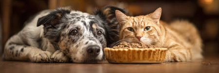 In a warm home environment, a dog and cat peacefully share a food dish, showcasing their companionship and enjoyment during mealtime.の素材