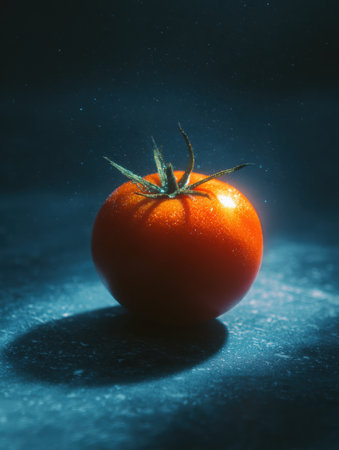 A glowing tomato against a dark background highlights its vibrant red hue and intricate surface details, creating a captivating visual.の素材