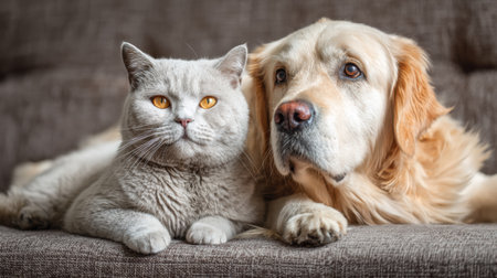 A dog and cat patiently wait on a clinic sofa, showcasing a moment of companionship in a cozy setting, providing comfort to each other.の素材