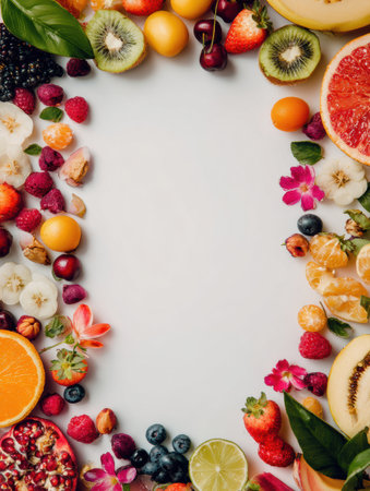 Colorful fruits and flowers beautifully arranged along the edges create a lively frame, ideal for sharing culinary delights or food experiences.の素材