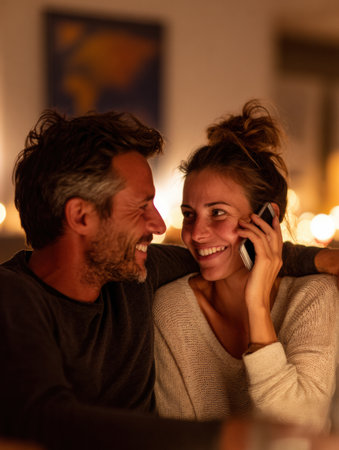 Couple engages in a long distance call, sharing laughter and warm smiles in a cozy setting filled with soft lighting, creating a romantic atmosphere.の素材