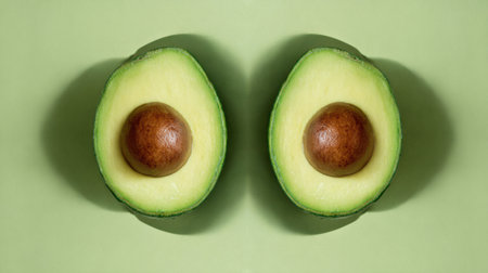 Mirrored avocado halves display a unique conceptual design against a soft green backdrop, emphasizing natural shapes and colors in modern food aesthetics.の素材