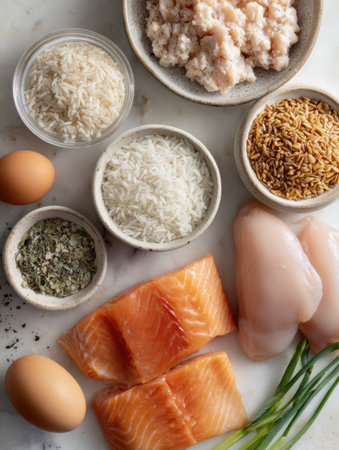 Various pet food ingredients are arranged in a flatlay, showcasing chicken, salmon, rice, and eggs with clear labels on a white surface.の素材
