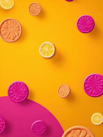 Brightly colored background features a central pet treat surrounded by smaller treats, creating a cheerful and attractive advertisement for pet products.の素材