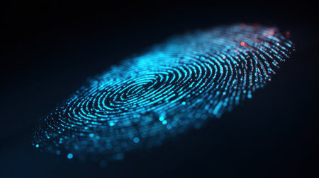 A digital fingerprint evolves into a chat bubble, symbolizing the intersection of personal identity and communication in a secure technological landscape.の素材