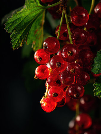 Dramatic lighting highlights a bunch of red currents, showcasing their glossy texture and rich color against a dark backdrop, creating an artistic effect.の素材