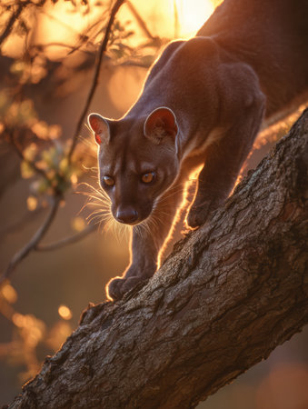 A fossa carefully moves along a tree branch, bathed in a beautiful sunset glow, showing its agility and grace in a peaceful setting.の素材