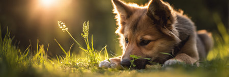 This adorable puppy is savoring grain-free food while basking in the soft sunlight, with a beautiful sun flare enhancing its playful moment outdoors.の素材