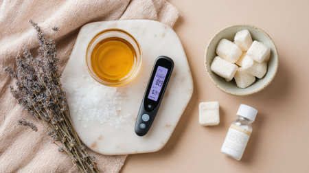 Neatly arranged cold relief items on a flat surface, including a digital thermometer, cough drops, and vapor rub for easy access.の素材