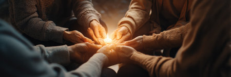 Participants create a supportive circle with hands gathered around a soft light, promoting healing and connection in a tranquil atmosphere focused on PTSD.の素材