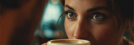 Two individuals engage in emotional deep eye contact while enjoying coffee in a serene cafe setting, surrounded by a soft, muted background ambiance.の素材