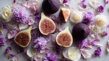 Fresh figs are beautifully arranged among colorful edible flower petals, creating a romantic atmosphere perfect for a special occasion or intimate gathering.の素材
