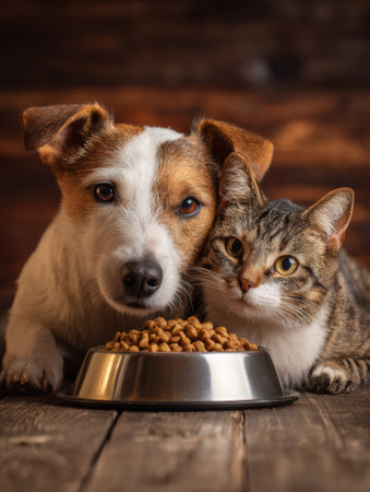 A dog and cat happily share a food dish in a warm and inviting home environment, showing their friendship and comfort with each other during mealtime.の素材