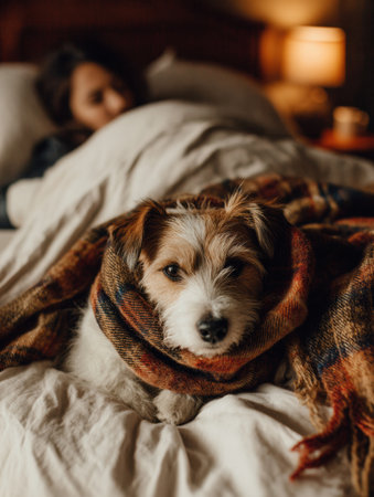 A dog wearing a scarf snuggles beside its sick owner tucked in bed, creating a warm and comforting atmosphere in the softly lit room.の素材