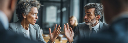 Business professionals engage in a calm discussion to resolve conflict, showcasing effective communication and collaboration in a modern meeting space.の素材