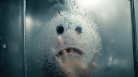 A misty bathroom mirror features a finger-drawn sad face, symbolizing illness amidst the clear upper space, reflecting morning struggles and emotions.の素材