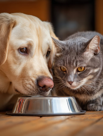 A friendly dog and cat enjoy their meal together from the same dish in a comfortable, warm home environment, showcasing their companionship.の素材