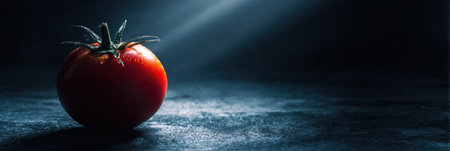 A bright red tomato illuminates the scene, casting shadows on the surface, creating a dramatic visual effect in a dimly lit environment.の素材