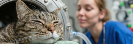 A veterinary professional closely supervises a cat undergoing oxygen therapy in a specialized chamber, ensuring its well-being during treatment.の素材