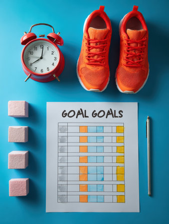 Colorful sneakers and a clock accompany a progress chart that tracks fitness goals, arranged neatly on a bright blue surface ready for motivation.の素材