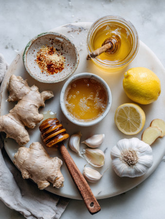 Cold remedies combine honey, ginger, garlic, and lemon arranged in a minimal flat lay, highlighting their natural healing properties for wellness.の素材