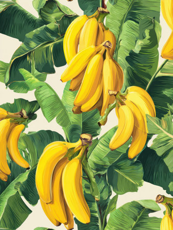 Vibrant seamless pattern showcases ripe bananas intertwined with lush green leaves, perfect for adding a tropical touch to various designs.の素材