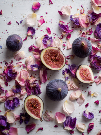 Fresh figs lay amidst scattered edible flower petals on a white wooden table, creating a romantic and inviting setting perfect for any occasionの素材