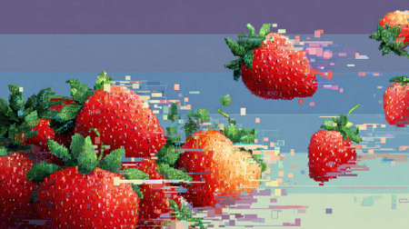 Pixelated strawberries appear to float above a glitchy backdrop, creating a dynamic visual with vibrant colors and a sense of movement in an open space.の素材