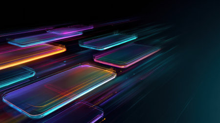 Bright lines represent messages traveling between smartphones in a visually striking tech environment, showcasing modern communication in real time.の素材