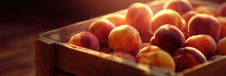 A wooden crate filled with ripe peaches sits in soft natural light, showing the fruits vivid hues and inviting freshness in a warm environment.の素材