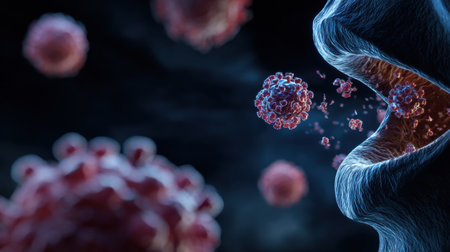 Cold germs are depicted entering the mouth, emphasizing microscopic details in a visualization of how infections begin as they invade the human bodyの素材