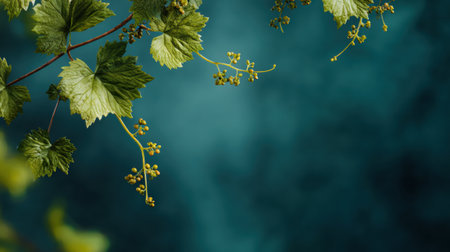 A floating grapevine segment showcases vibrant leaves and budding grapes against a soothing deep green background, highlighting an organic luxury aesthetic.の素材
