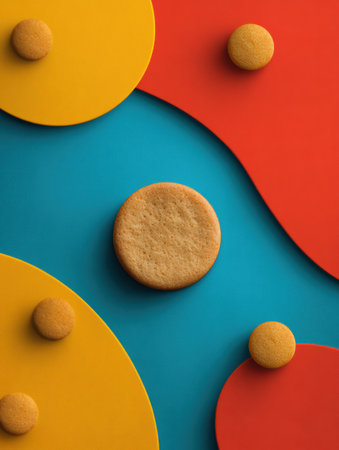 Central pet treat sits boldly against a vibrant background, surrounded by playful shapes in bold colors, ideal for attracting pet owners seeking quality snacksの素材