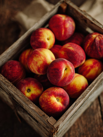 Crate filled with ripe peaches showcases their vibrant colors in soft natural light, highlighting the freshness and beauty of the fruit in a serene setting.の素材