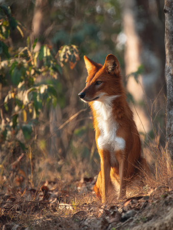 A dhole sits attentively in a forest clearing, bathed in warm sunlight, looking poised and ready amidst the rich foliage and earthy ground.の素材