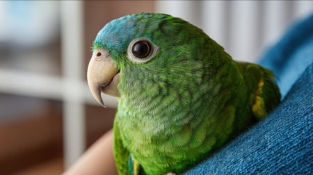 A parrot comfortably perches on the shoulder of a veterinarian, enjoying the warm, soft light during a check-up consultation in a tranquil setting.の素材