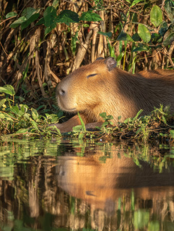 Capybara relaxes near calm water, surrounded by vibrant greenery and the reflections of the jungle enhancing the tranquil atmosphere on a sunny dayの素材