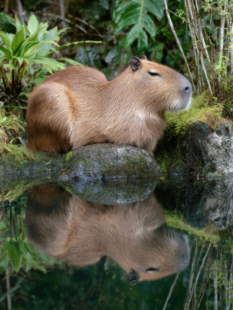 A capybara lounges gracefully by a serene water body surrounded by lush jungle foliage, capturing the beauty of nature in perfect tranquilityの素材