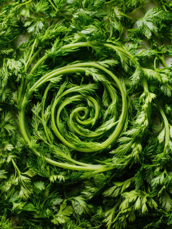 Fresh carrot tops arranged in a spiral formation showcase vibrant green colors, with open space highlighted in the top area, creating visual interest.の素材