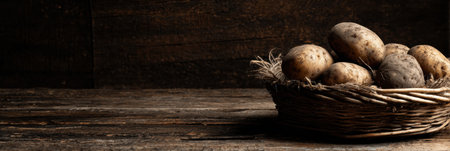A rustic basket holds earthy potatoes on a textured dark wood surface, showing natural colors and tones in a cozy atmosphere.の素材