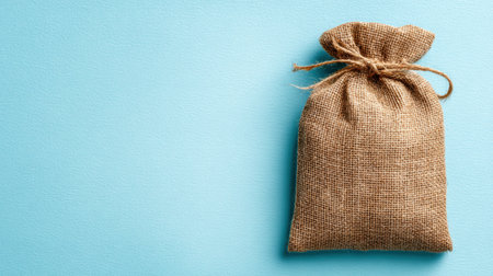 Burlap packaging sits on a clean sky-blue background, showing eco-friendly design and materials, perfect for sustainable products.の素材