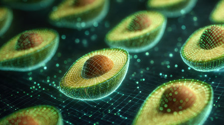 This artwork showcases a digital mesh design of avocado halves arranged over a glowing light grid, evoking a modern and innovative vibe.の素材