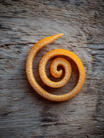 Bright orange peel is artistically crafted into a spiral, resting on textured wood, showing the contrast between the vibrant color and natural surface.の素材