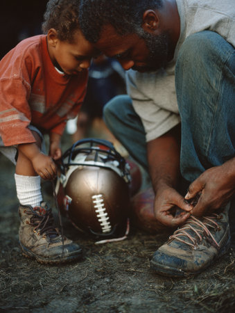 A father patiently ties his childs shoes while they prepare for an important youth football game in a grassy area surrounded by excitement and anticipation.の素材